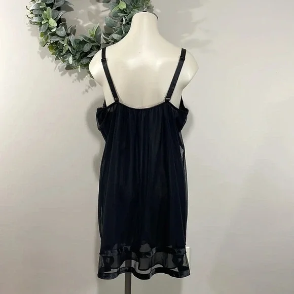 Oscar De La Renta Pink Label Black Sheer Beaded Eyelet Lace Babydoll Nightgown L